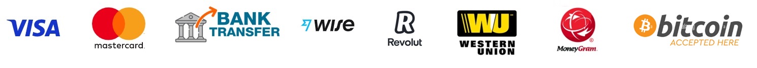 Moyens de paiement acceptés - Visa, Mastercard, Bank Transfer, Wise, Revolut, Western Union, MoneyGram, Bitcoin